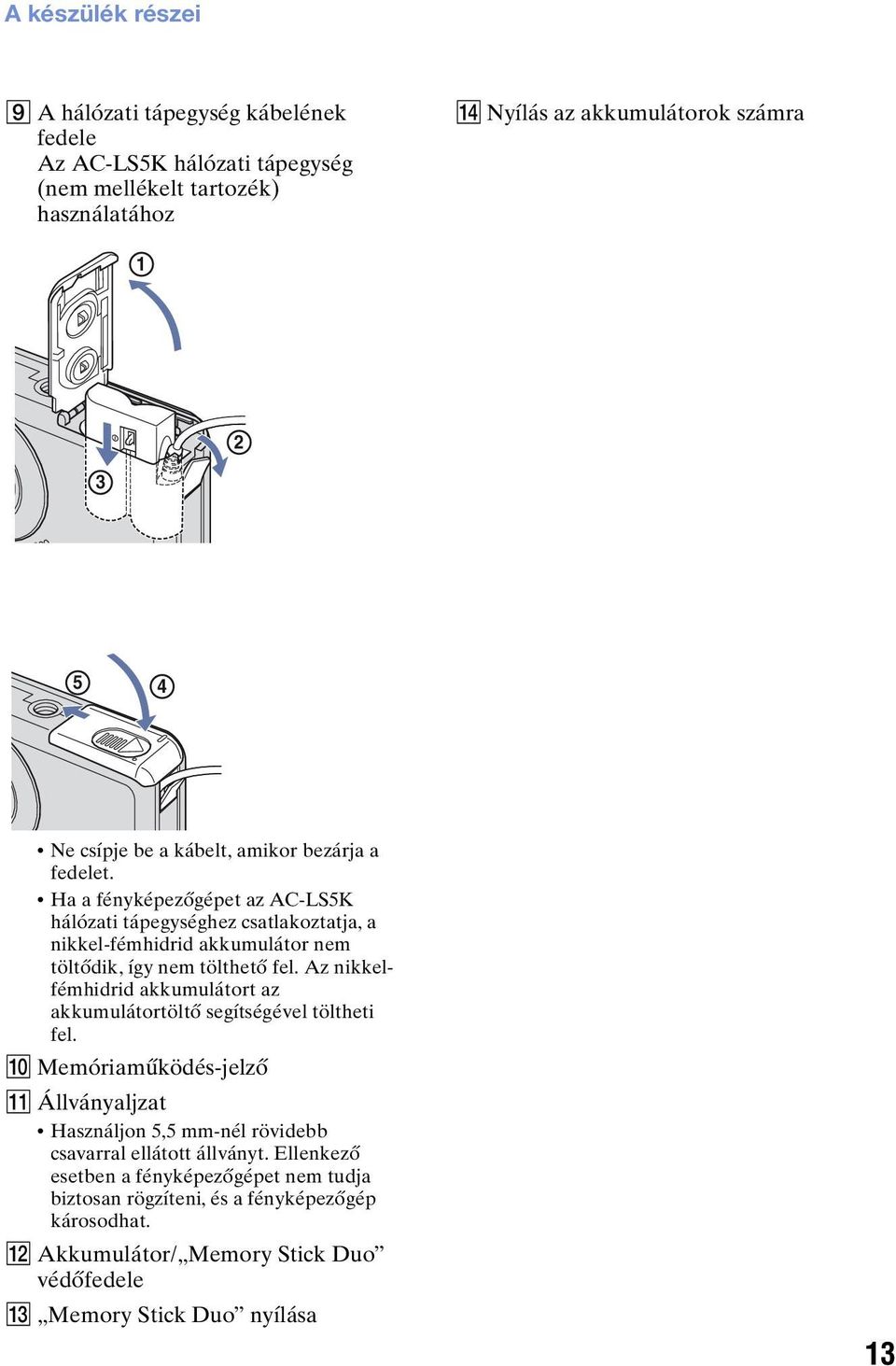 Ha a fényképezőgépet az AC-LS5K hálózati tápegységhez csatlakoztatja, a nikkel-fémhidrid akkumulátor nem töltődik, így nem tölthető fel.