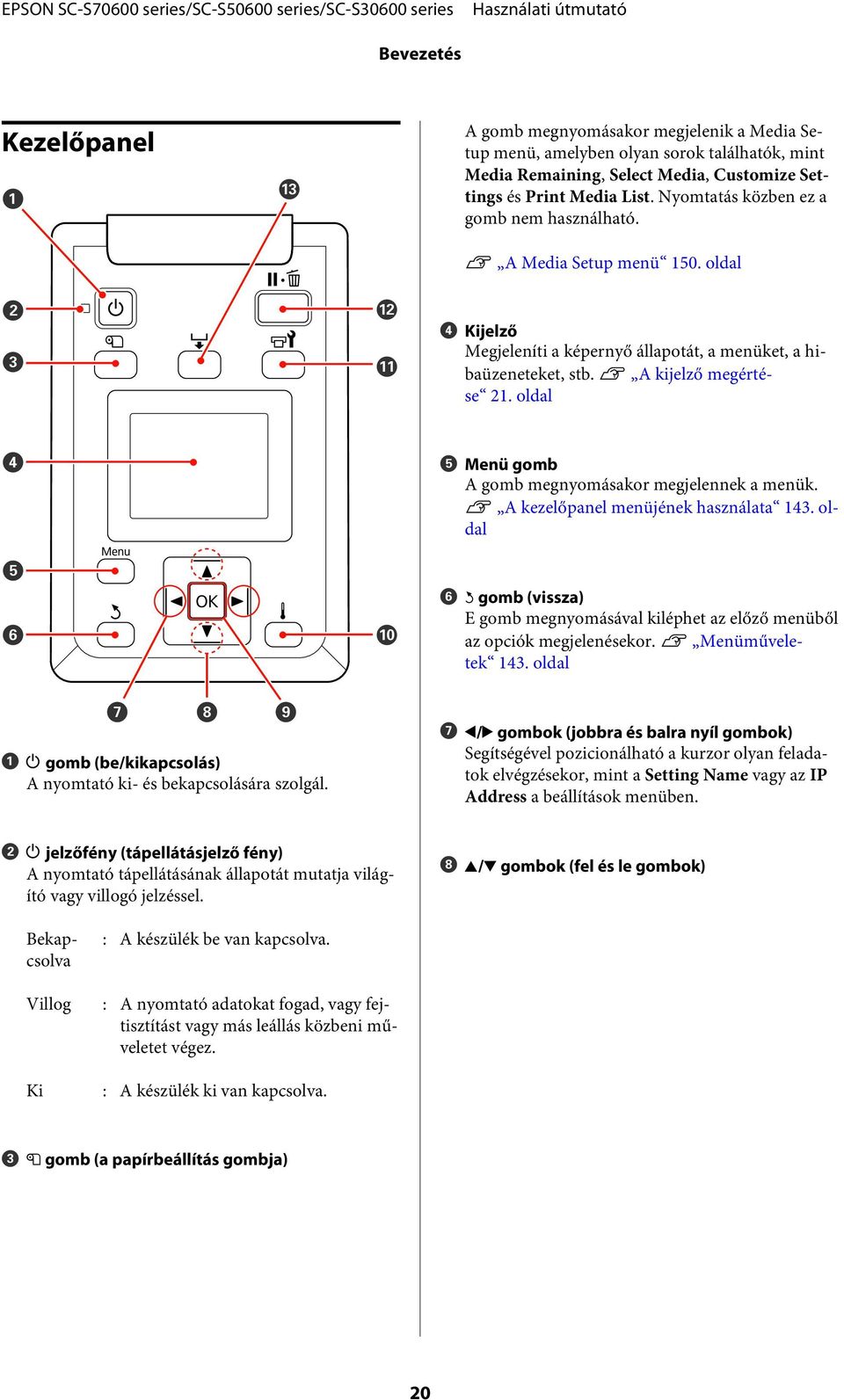 oldal E Menü gomb A gomb megnyomásakor megjelennek a menük. U A kezelőpanel menüjének használata 143. oldal F y gomb (vissza) E gomb megnyomásával kiléphet az előző menüből az opciók megjelenésekor.