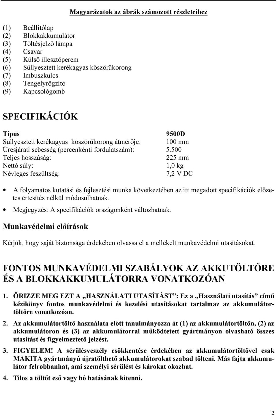 500 Teljes hosszúság: 225 mm Nettó súly: 1,0 kg Névleges feszültség: 7,2 V DC A folyamatos kutatási és fejlesztési munka következtében az itt megadott specifikációk előzetes értesítés nélkül