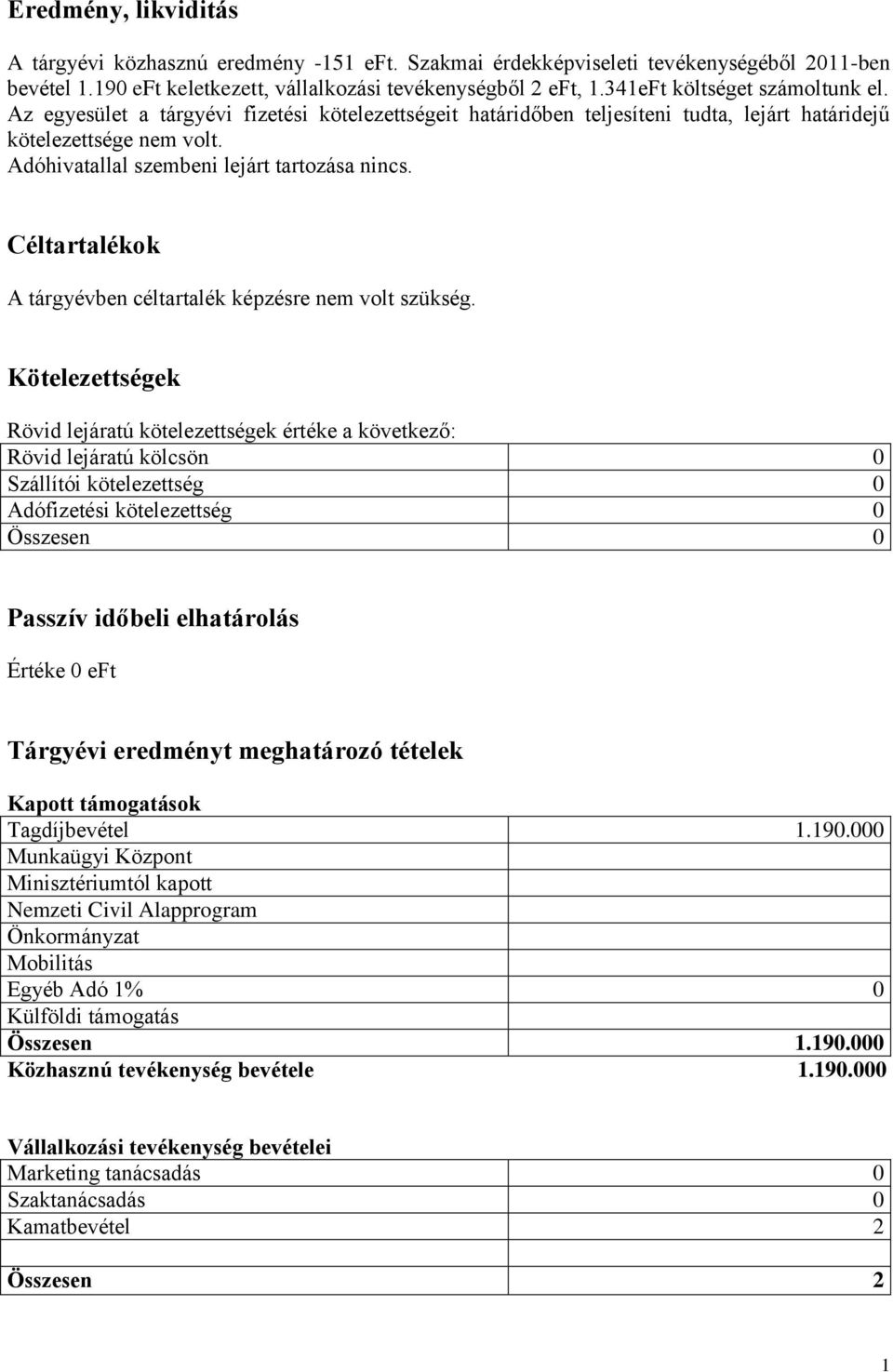 Adóhivatallal szembeni lejárt tartozása nincs. Céltartalékok A tárgyévben céltartalék képzésre nem volt szükség.