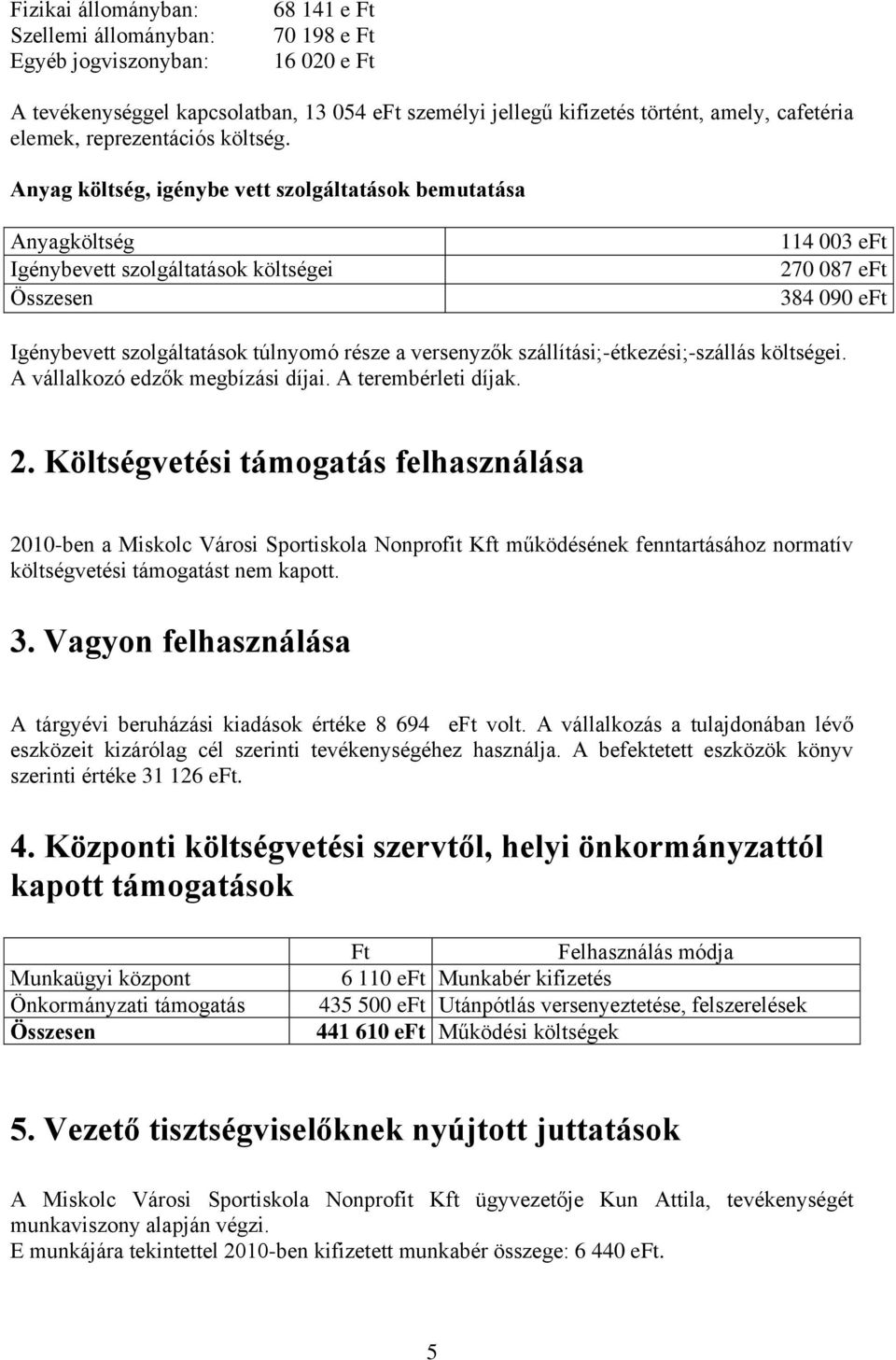 Anyag költség, igénybe vett szolgáltatások bemutatása Anyagköltség Igénybevett szolgáltatások költségei Összesen 114 003 eft 270 087 eft 384 090 eft Igénybevett szolgáltatások túlnyomó része a