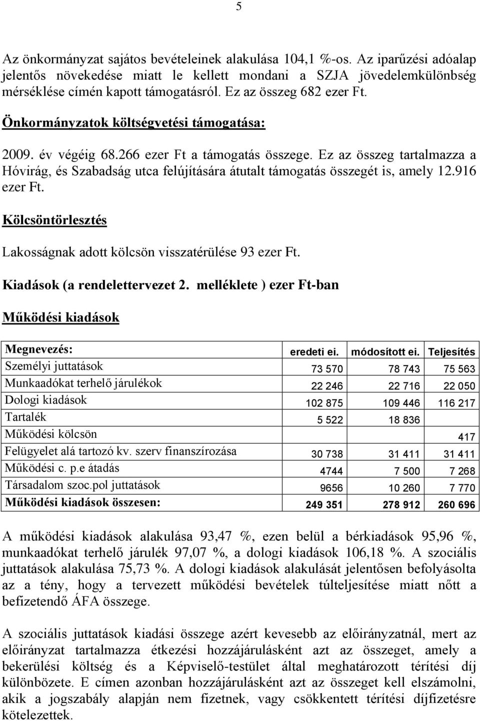 Ez az összeg tartalmazza a Hóvirág, és Szabadság utca felújítására átutalt támogatás összegét is, amely 12.916 ezer Ft. Kölcsöntörlesztés Lakosságnak adott kölcsön visszatérülése 93 ezer Ft.