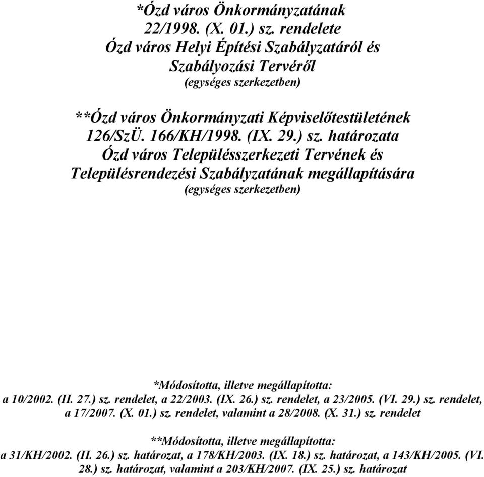 határozata Ózd város Településszerkezeti Tervének és Településrendezési Szabályzatának megállapítására (egységes szerkezetben) *Módosította, illetve megállapította: a 10/2002. (II. 27.) sz.