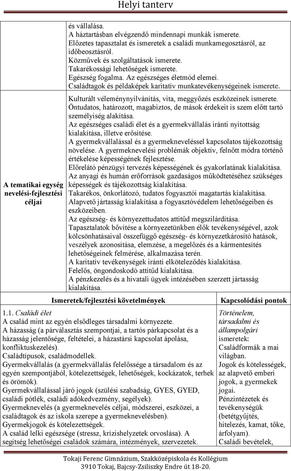 Az egészséges életmód elemei. Családtagok és példaképek karitatív munkatevékenységeinek ismerete. Kulturált véleménynyilvánítás, vita, meggyőzés eszközeinek ismerete.