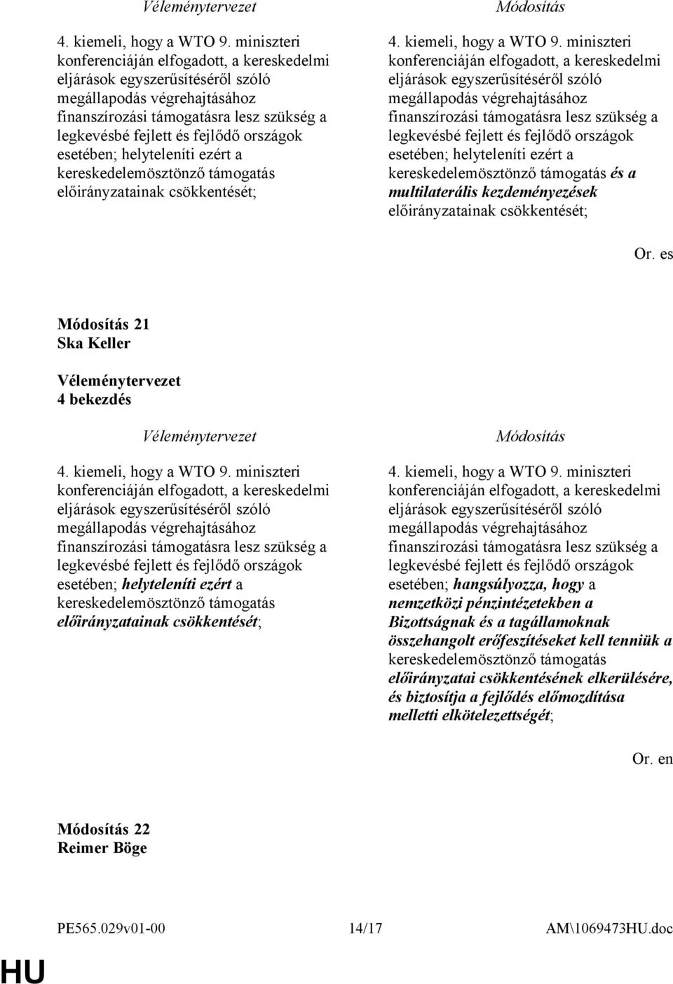 esetében; helyteleníti ezért a kereskedelemösztönző támogatás előirányzatainak csökkentését;   esetében; helyteleníti ezért a kereskedelemösztönző támogatás és a multilaterális kezdeményezések