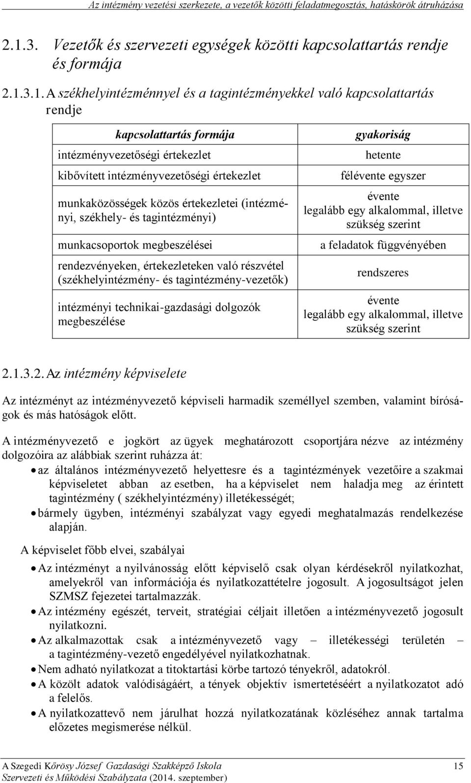 3.1. A székhelyintézménnyel és a tagintézményekkel való kapcsolattartás rendje kapcsolattartás formája intézményvezetőségi értekezlet kibővített intézményvezetőségi értekezlet munkaközösségek közös