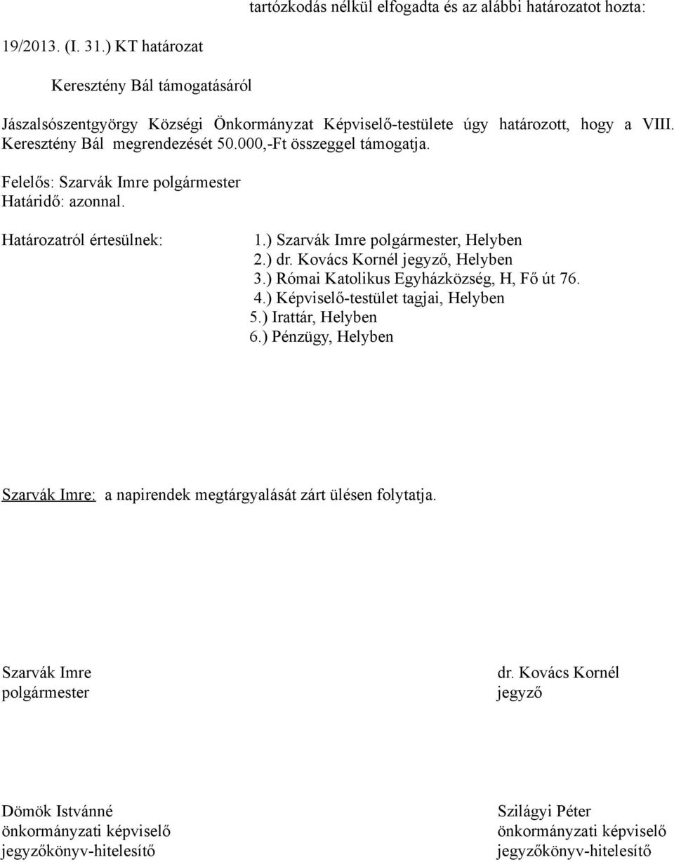 Kovács Kornél jegyző, Helyben 3.) Római Katolikus Egyházközség, H, Fő út 76. 4.) Képviselő-testület tagjai, Helyben 5.) Irattár, Helyben 6.