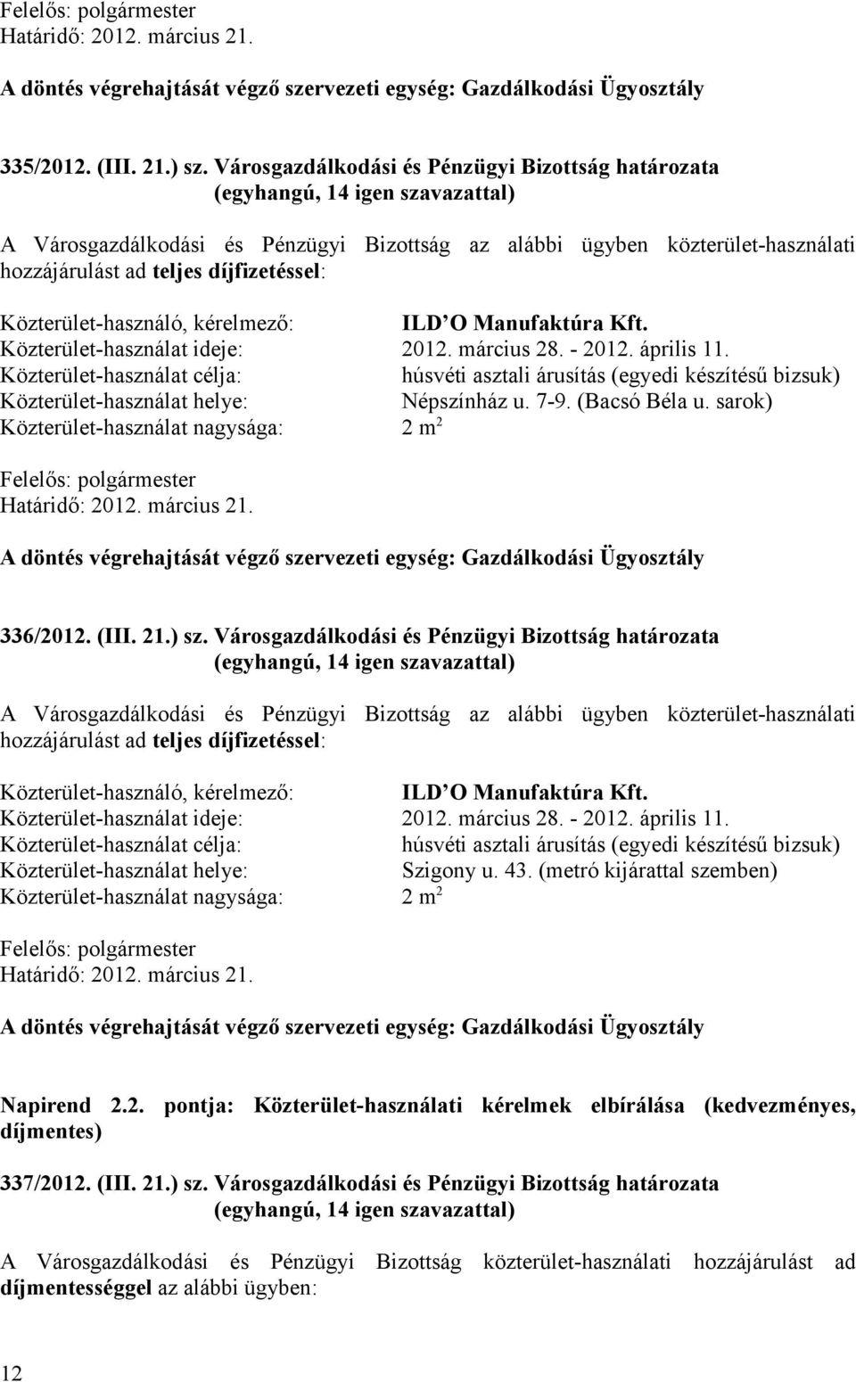 kérelmező: ILD O Manufaktúra Kft. Közterület-használat ideje: 2012. március 28. - 2012. április 11.