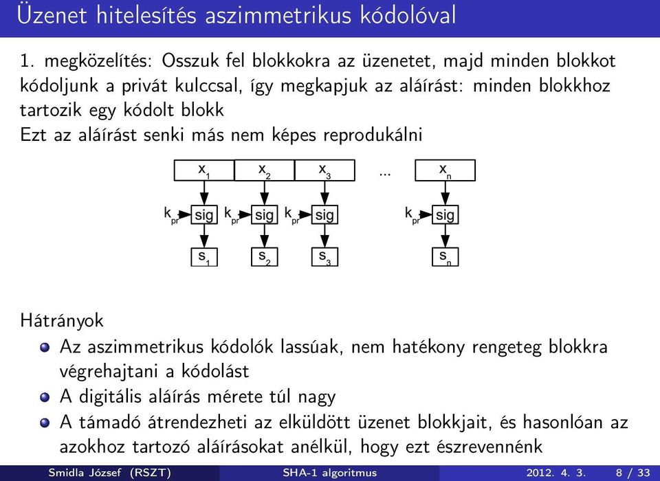 tartozik egy kódolt blokk Ezt az aláírást senki más nem képes reprodukálni Hátrányok Az aszimmetrikus kódolók lassúak, nem hatékony rengeteg