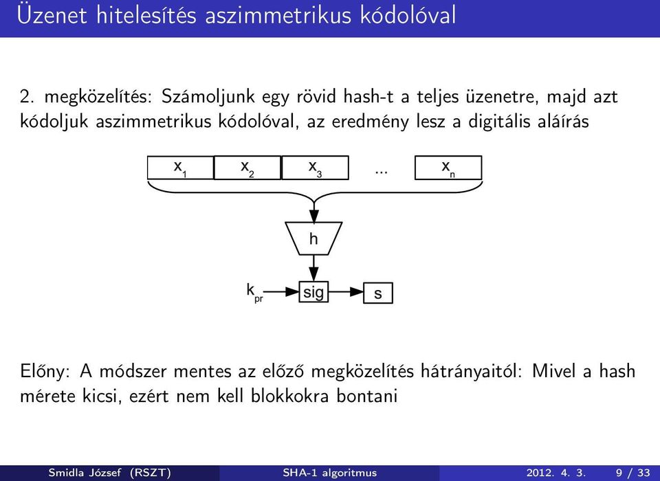 aszimmetrikus kódolóval, az eredmény lesz a digitális aláírás Előny: A módszer mentes az