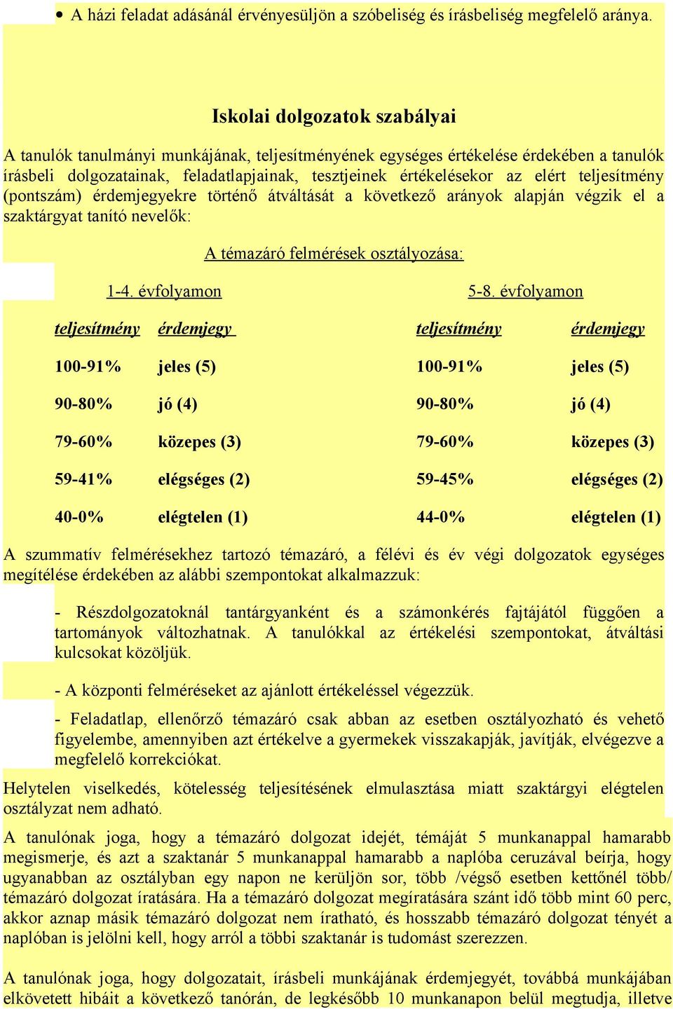 teljesítmény (pontszám) érdemjegyekre történő átváltását a következő arányok alapján végzik el a szaktárgyat tanító nevelők: A témazáró felmérések osztályozása: 1-4.