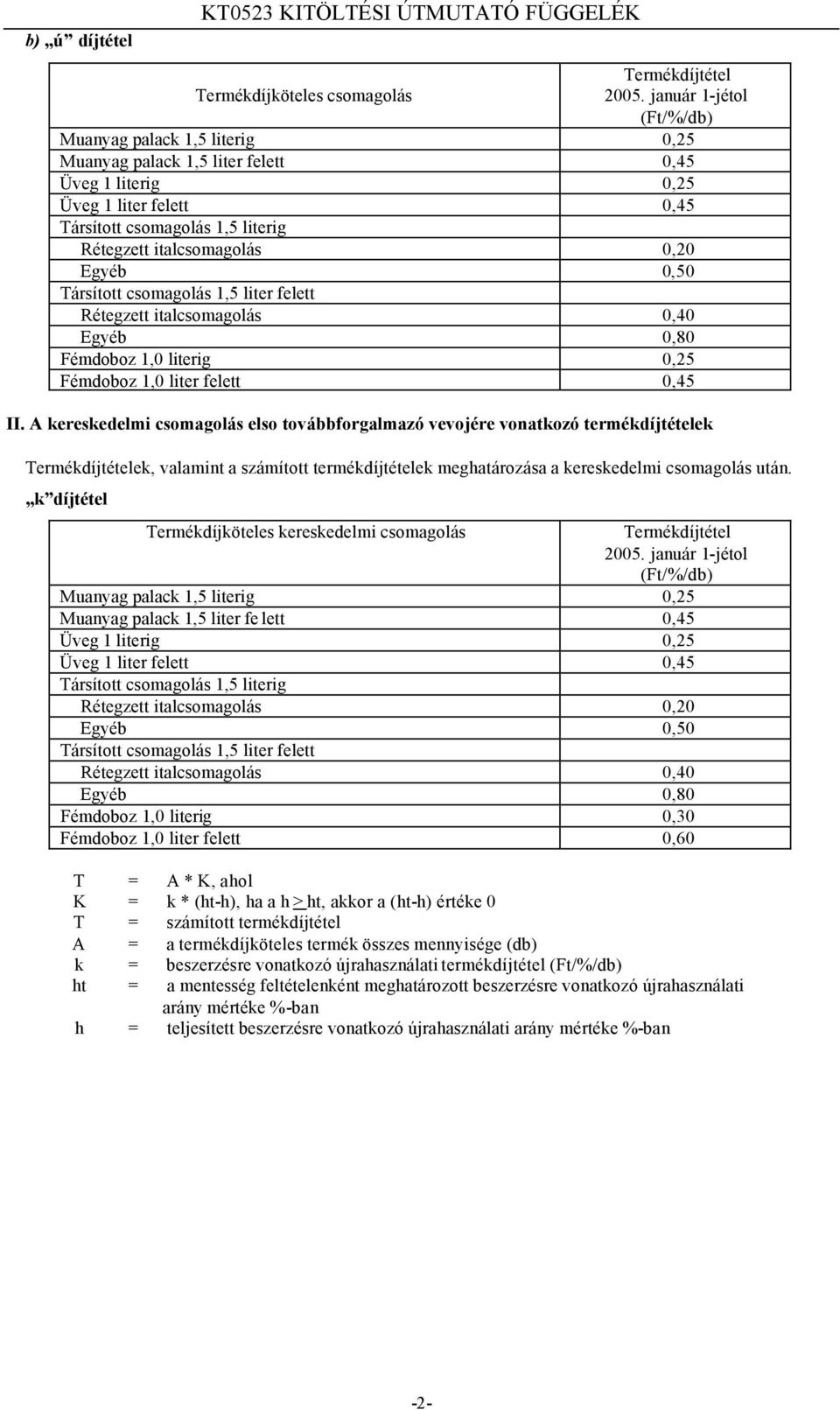 0,20 Egyéb 0,50 Társított csomagolás 1,5 liter felett Rétegzett italcsomagolás 0,40 Egyéb 0,80 Fémdoboz 1,0 literig 0,25 Fémdoboz 1,0 liter felett 0,45 II.