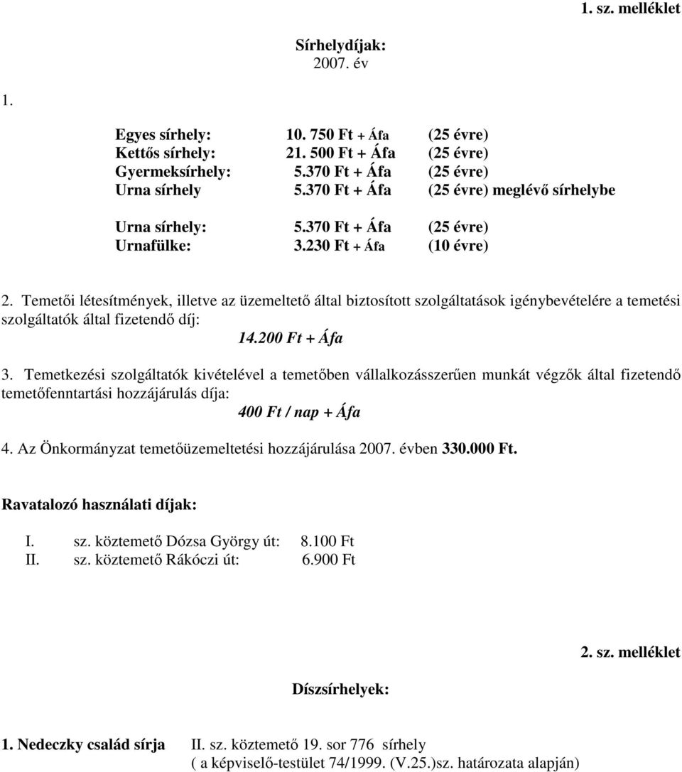Temetői létesítmények, illetve az üzemeltető által biztosított szolgáltatások igénybevételére a temetési szolgáltatók által fizetendő díj: 14.200 Ft + Áfa 3.
