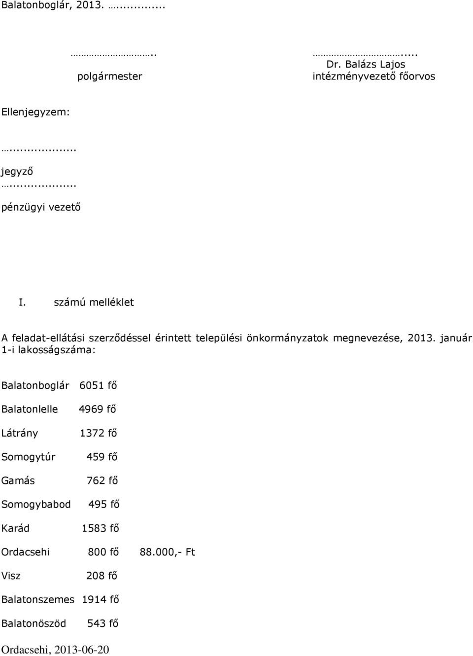 számú melléklet A feladat-ellátási szerződéssel érintett települési önkormányzatok megnevezése, 2013.