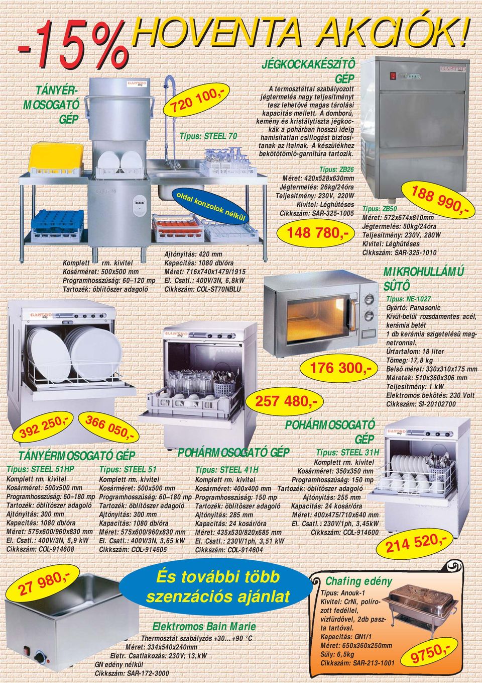 : 400V/3N, 5,9 kw Cikkszám: COL-914608 Komplett rm. kivitel Kosárméret: 500x500 mm Programhosszúság: 60 120 mp Tartozék: öblítôszer adagoló 366 050,- HOVENTA AKCIÓK! Típus: STEEL 51 Komplett rm.