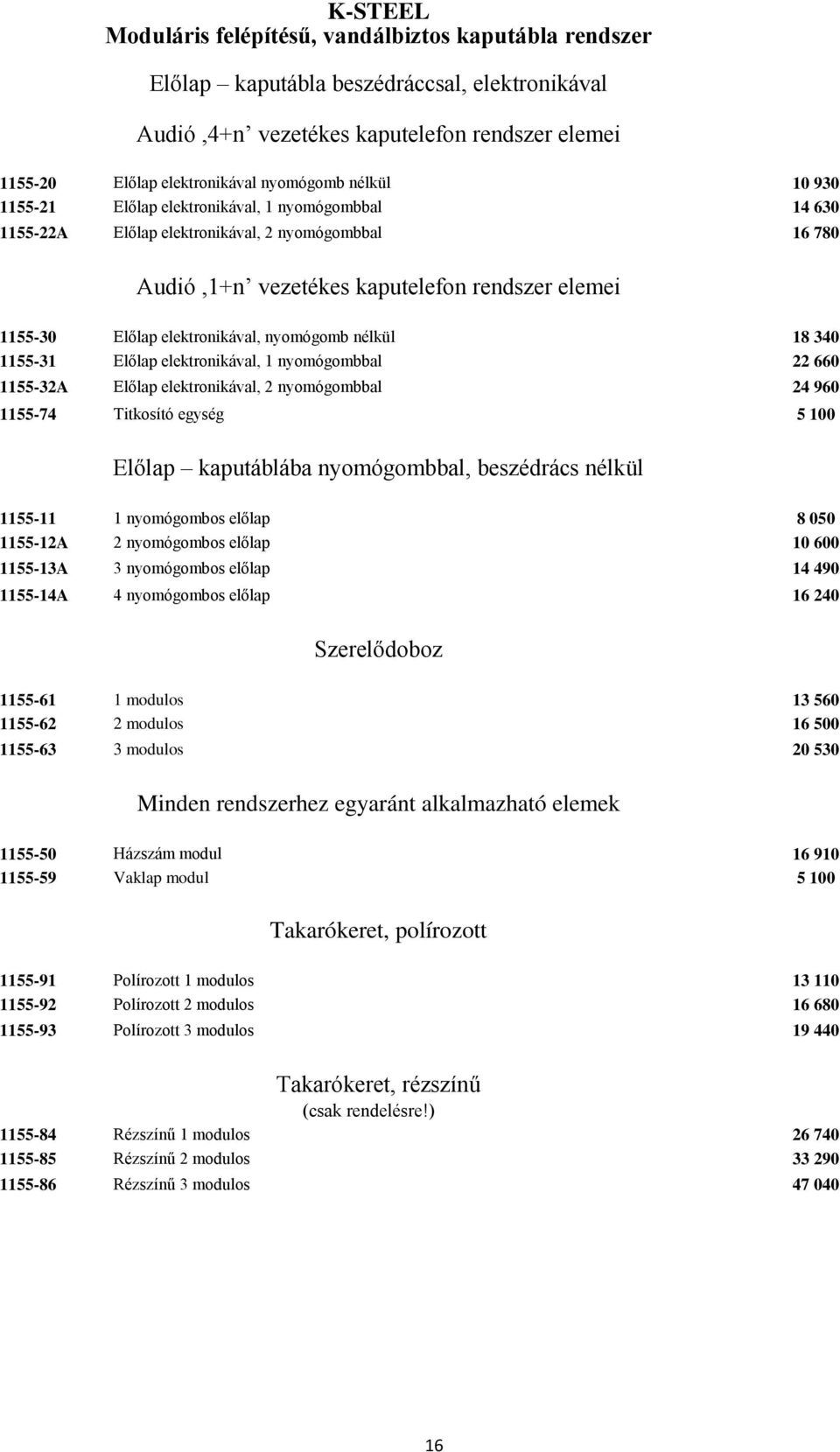 nyomógomb nélkül 18 340 1155-31 Előlap elektronikával, 1 nyomógombbal 22 660 1155-32A Előlap elektronikával, 2 nyomógombbal 24 960 1155-74 Titkosító egység 5 100 Előlap kaputáblába nyomógombbal,