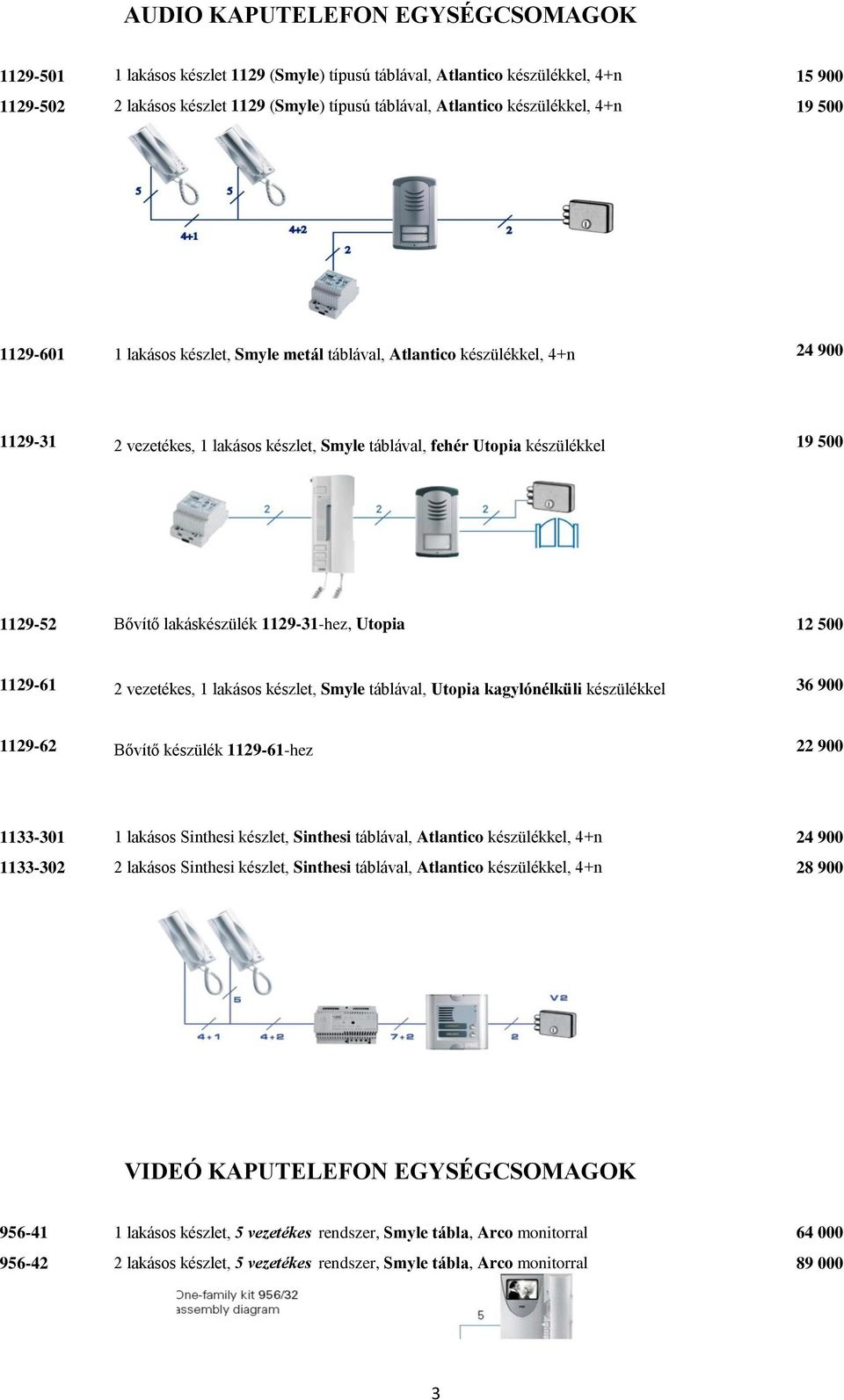 1129-52 Bővítő lakáskészülék 1129-31-hez, Utopia 12 500 1129-61 2 vezetékes, 1 lakásos készlet, Smyle táblával, Utopia kagylónélküli készülékkel 36 900 1129-62 Bővítő készülék 1129-61-hez 22 900