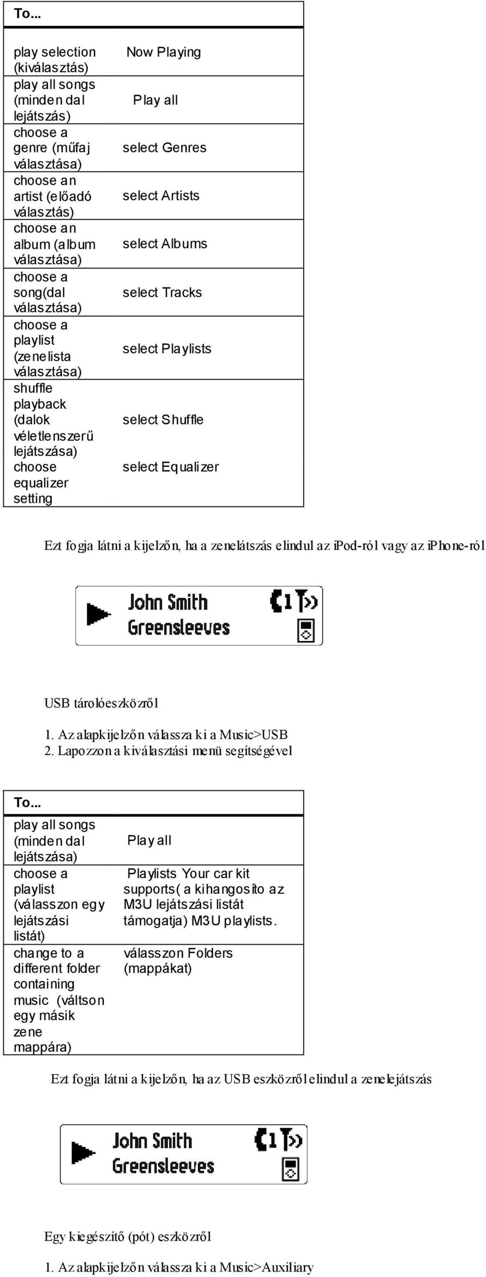 Equalizer Ezt fogja látni a kijelzın, ha a zenelátszás elindul az ipod-ról vagy az iphone-ról USB tárolóeszközrıl 1. Az alapkijelzın válassza ki a Music>USB 2.