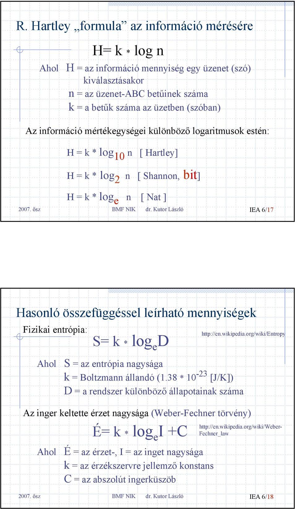 Kutor László IEA 6/17 Hasonló összefüggéssel leírható mennyiségek Fizikai entrópia: S= k * log e D http://en.wikipedia.org/wiki/entropy Ahol S = az entrópia nagysága k = Boltzmann állandó (1.