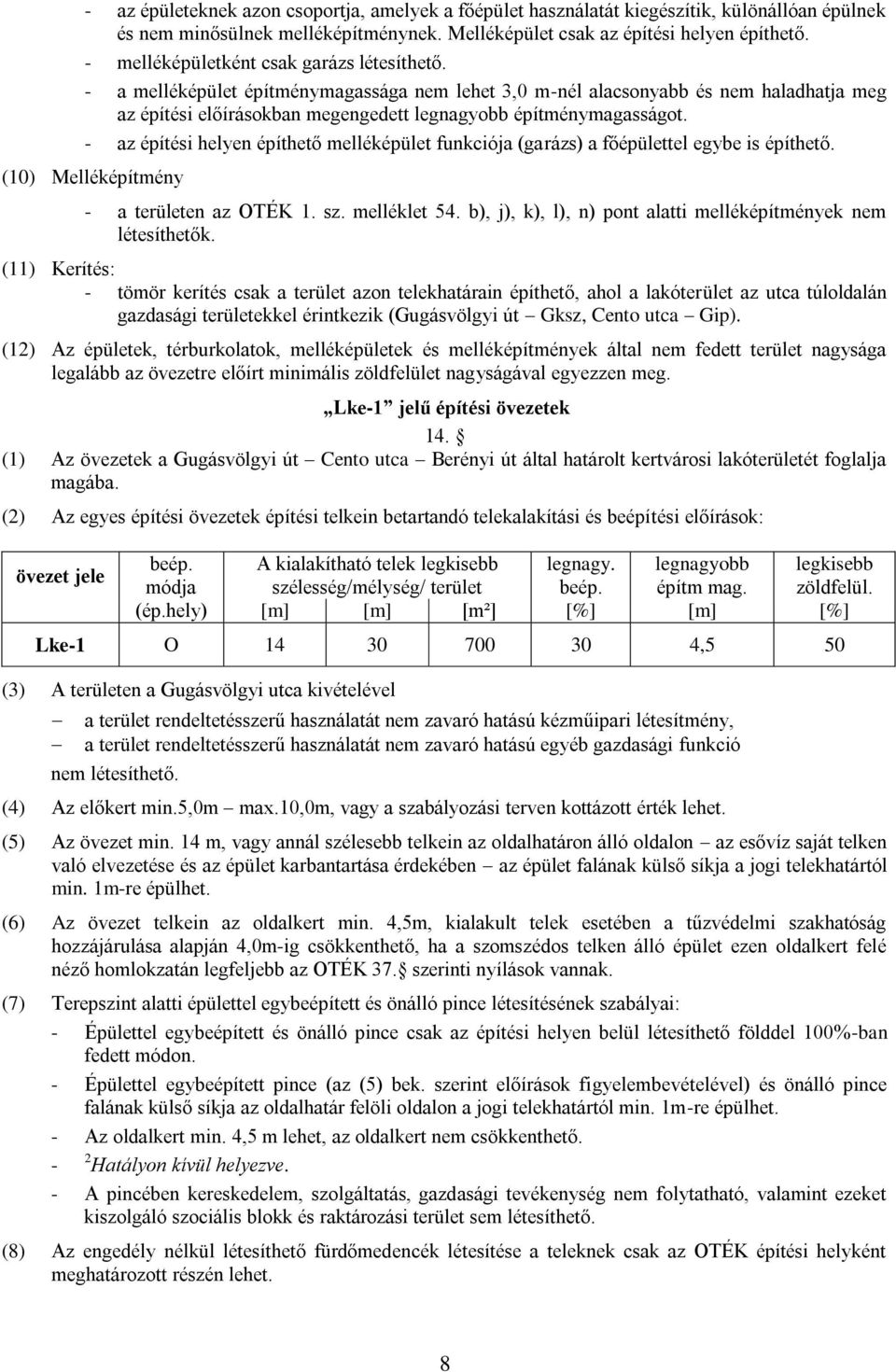 - az építési helyen építhető melléképület funkciója (garázs) a főépülettel egybe is építhető. (10) Melléképítmény - a területen az OTÉK 1. sz. melléklet 54.
