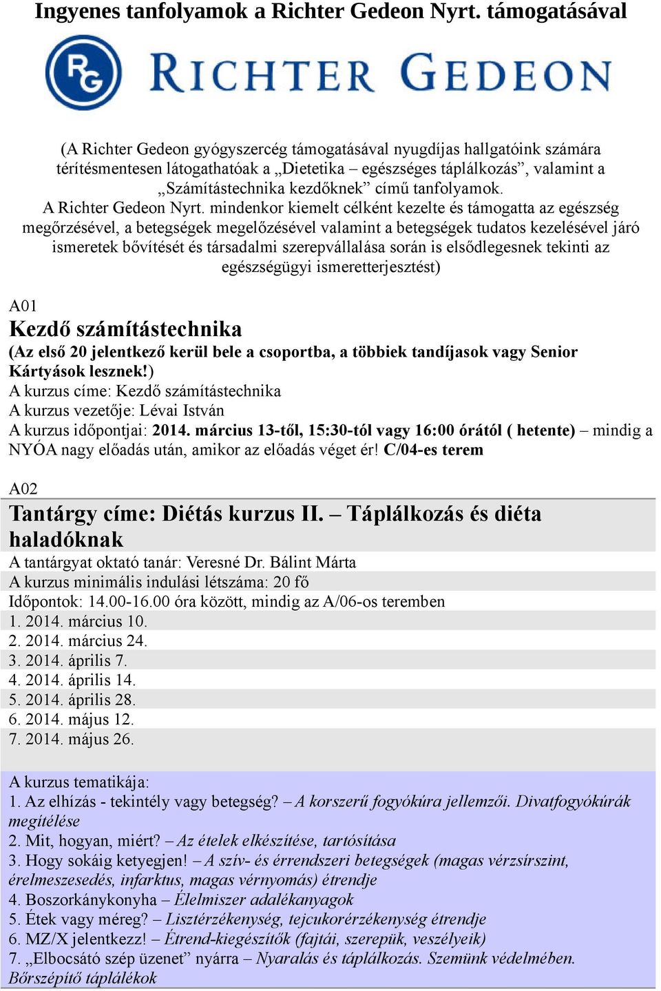 tanfolyamok. A Richter Gedeon Nyrt.
