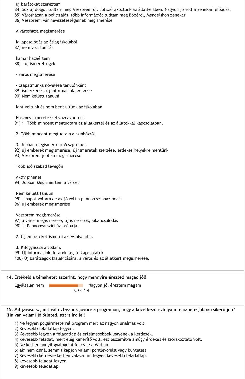 volt tanítás hamar hazaértem 88) - új ismeretségek - város megismerése - csapatmunka növelése tanulónként 89) ismerkedés, új információk szerzése 90) Nem kellett tanulni Kint voltunk és nem bent