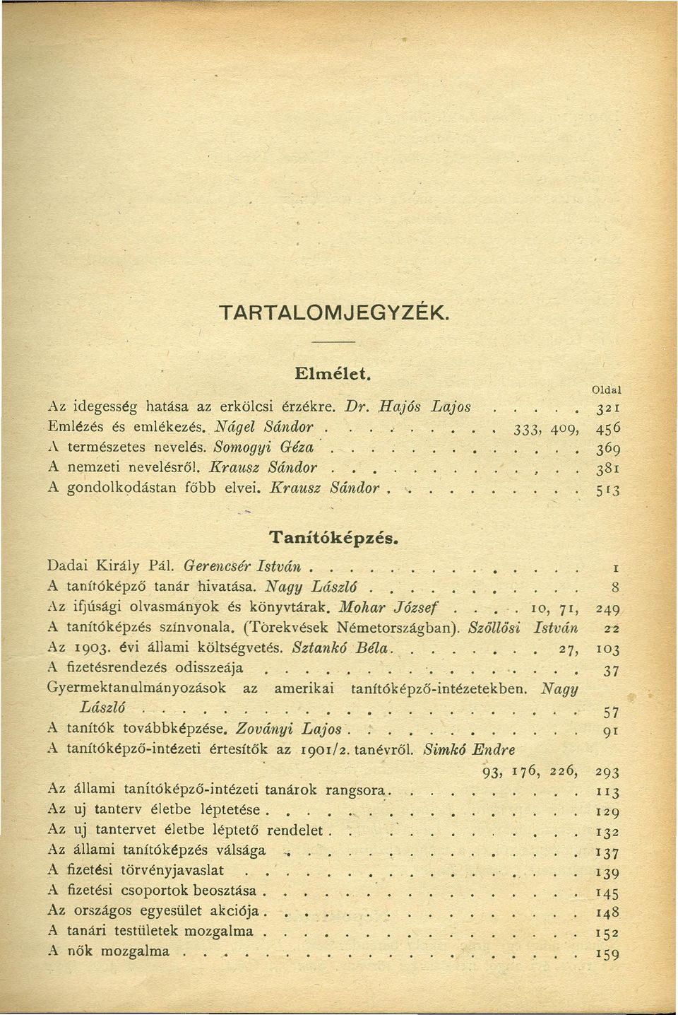 8 Az ifjúsági olvasmányok és könyvtárak. Mohar József 10, 71, 249 A tanítóképzés színvonala. (Törekvések Németországban). Szöllösi István 22 Az 1903. évi állami költségvetés. Sztankó Beta.