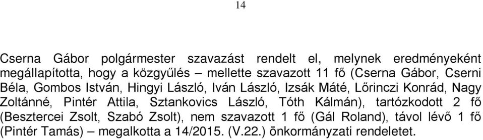 Sztankovics László, Tóth Kálmán), tartózkodott 2 fő (Besztercei Zsolt, Szabó Zsolt), nem szavazott
