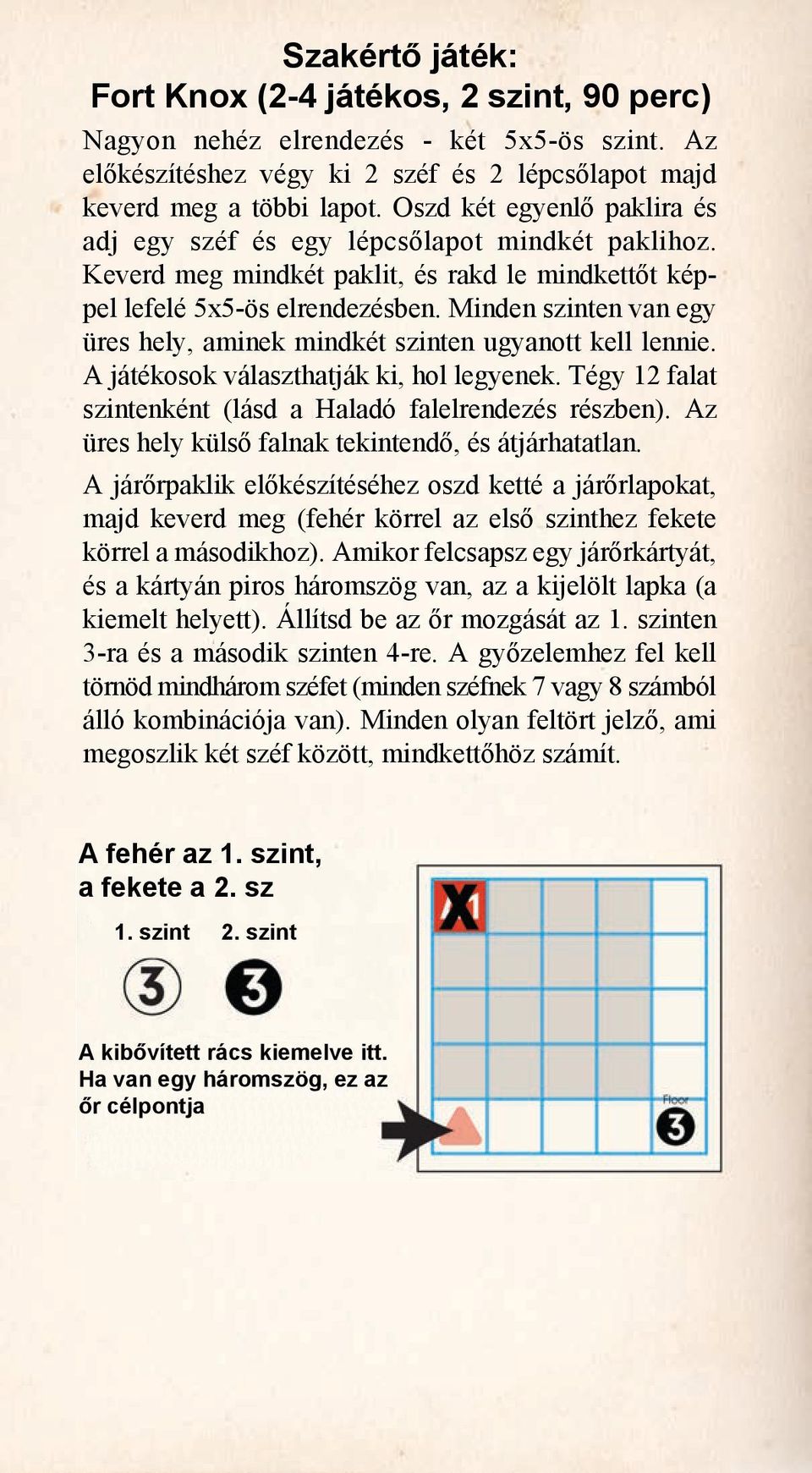 Minden szinten van egy üres hely, aminek mindkét szinten ugyanott kell lennie. A játékosok választhatják ki, hol legyenek. Tégy 12 falat szintenként (lásd a Haladó falelrendezés részben).