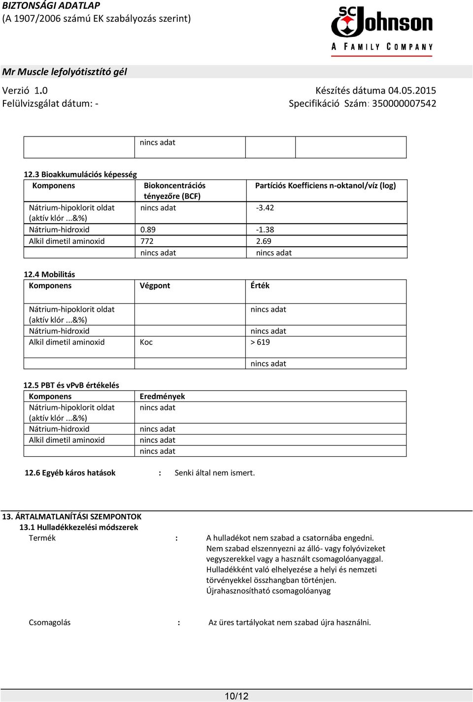 5 PBT és vpvb értékelés Komponens Nátrium-hipoklorit oldat (aktív klór...&%) Nátrium-hidroxid Alkil dimetil aminoxid Eredmények 12.6 Egyéb káros hatások : Senki által nem ismert. 13.