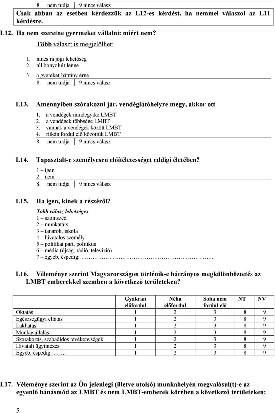 vannak a vendégek között LMBT 4. ritkán fordul elő közöttük LMBT L14. Tapasztalt-e személyesen előítéletességet eddigi életében? 1 igen 2 nem L15. Ha igen, kinek a részéről?