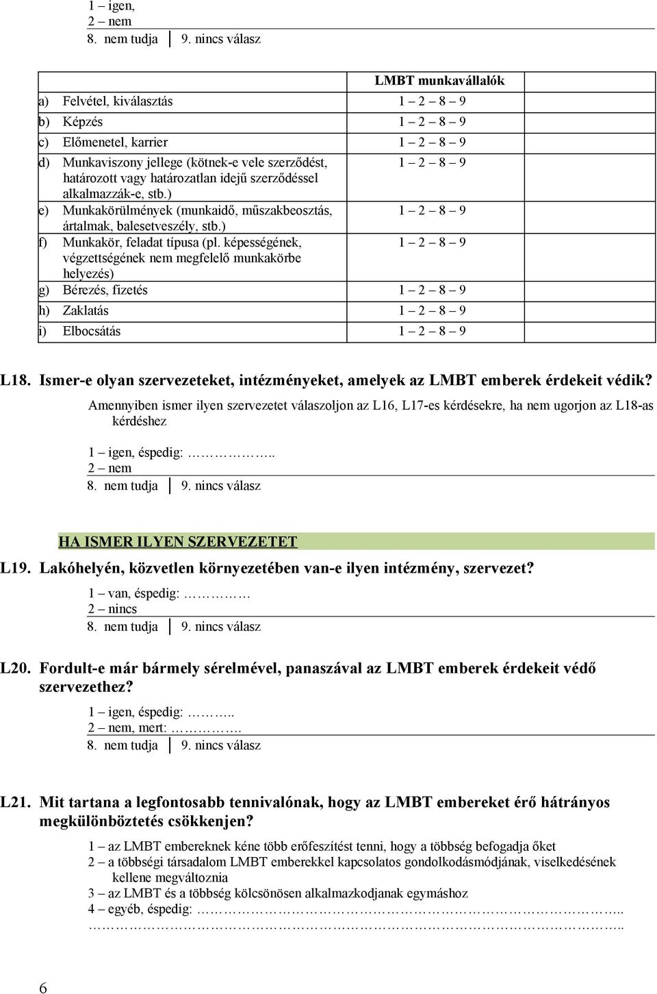 képességének, 1 2 8 9 végzettségének nem megfelelő munkakörbe helyezés) g) Bérezés, fizetés 1 2 8 9 h) Zaklatás 1 2 8 9 i) Elbocsátás 1 2 8 9 L18.