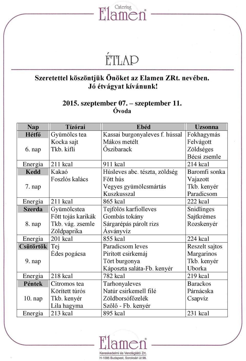 kenyér Kuszkusszal Paradicsom Energia 211 kcal 865 kcal 222 kcal Szerda Gyümölcstea Tejfölös karfiolleves Snidlinges Főtt tojás karikák Gombás tokány Sajtkrémes 8. nap Tkb. vág.