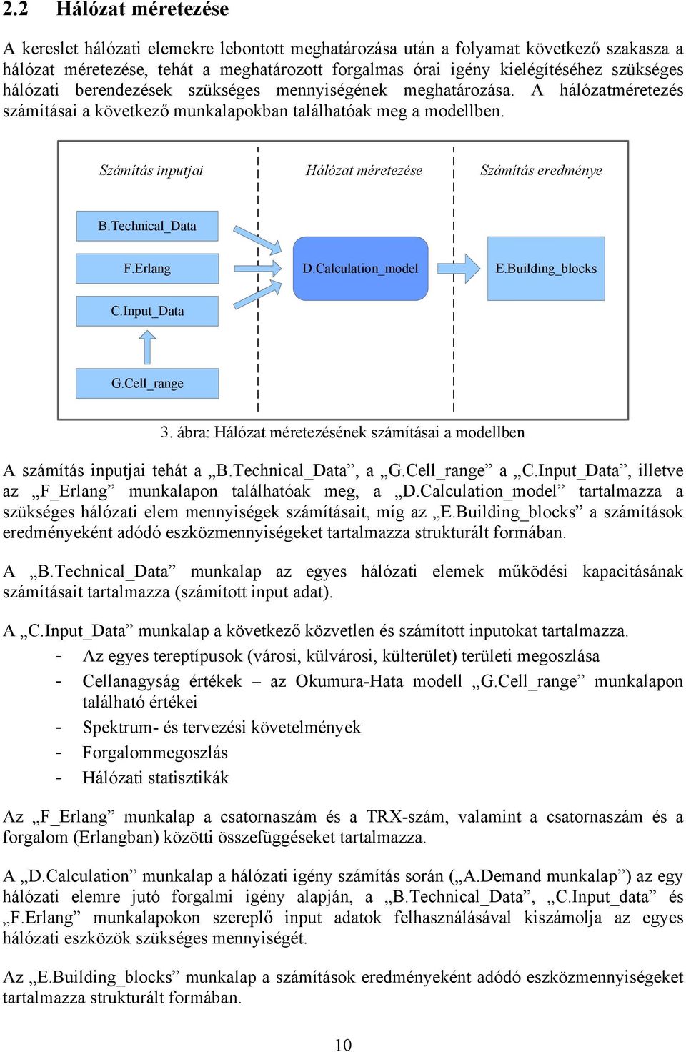 Számítás inputjai Hálózat méretezése Számítás eredménye B.Technical_Data F.Erlang D.Calculation_model E.Building_blocks C.Input_Data G.Cell_range 3.