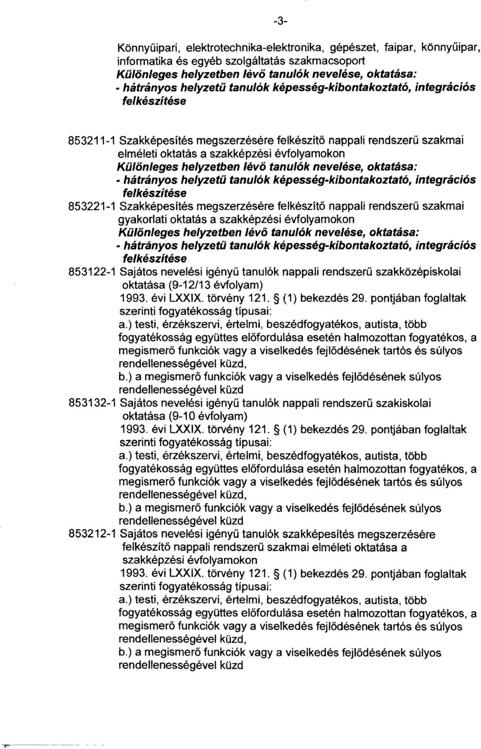 integrációs 853221-1 Szakképesítés megszerzésére felkészítő nappali rendszerű szakmai gyakorlati oktatás a szakképzési évfolyamokon Különleges helyzetben lévő tanulók nevelése.