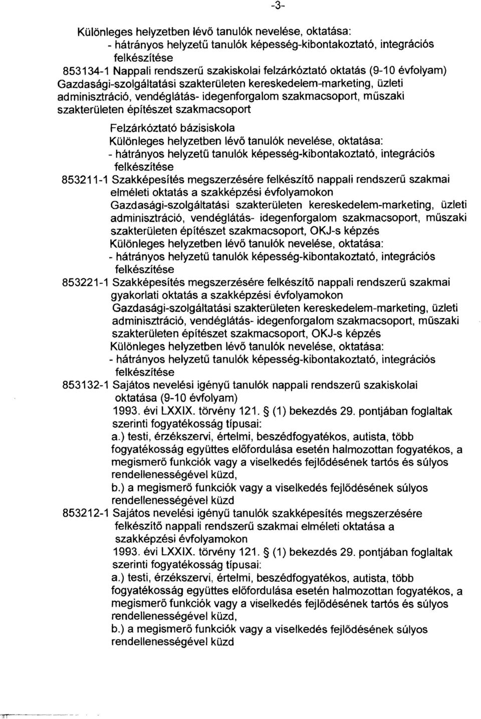 llók képesség-kibontakoztató, integrációs 853211-1 Szakképesítés megszerzésére felkészítő nappali rendszerű szakmai elméleti oktatás a szakképzési évfolyam okon Gazdasági-szolgáltatási szakterületen