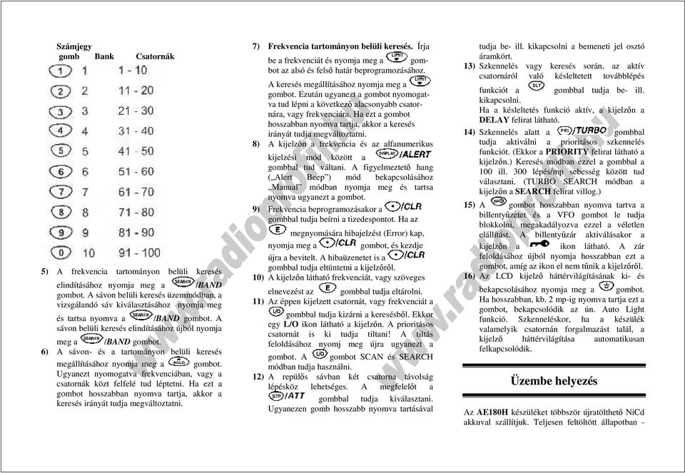 6) A sávon- és a tartományon belüli keresés megállításához nyomja meg a gombot. Ugyanezt nyomogatva frekvenciában, vagy a csatornák közt felfelé tud léptetni.