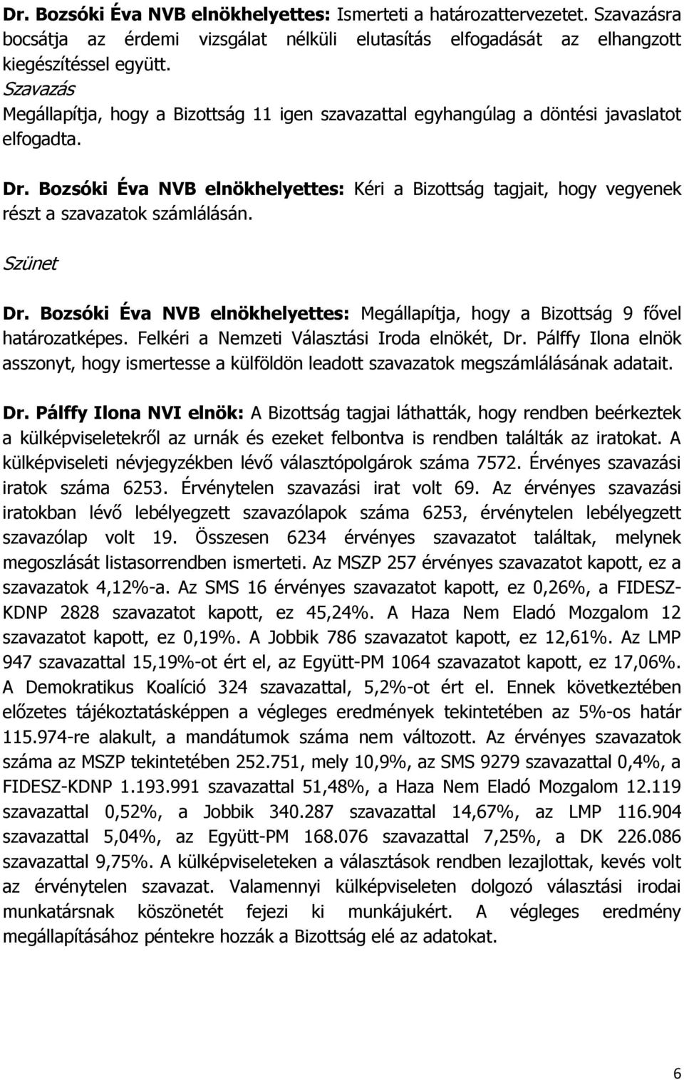 Bozsóki Éva NVB elnökhelyettes: Kéri a Bizottság tagjait, hogy vegyenek részt a szavazatok számlálásán. Szünet Dr.