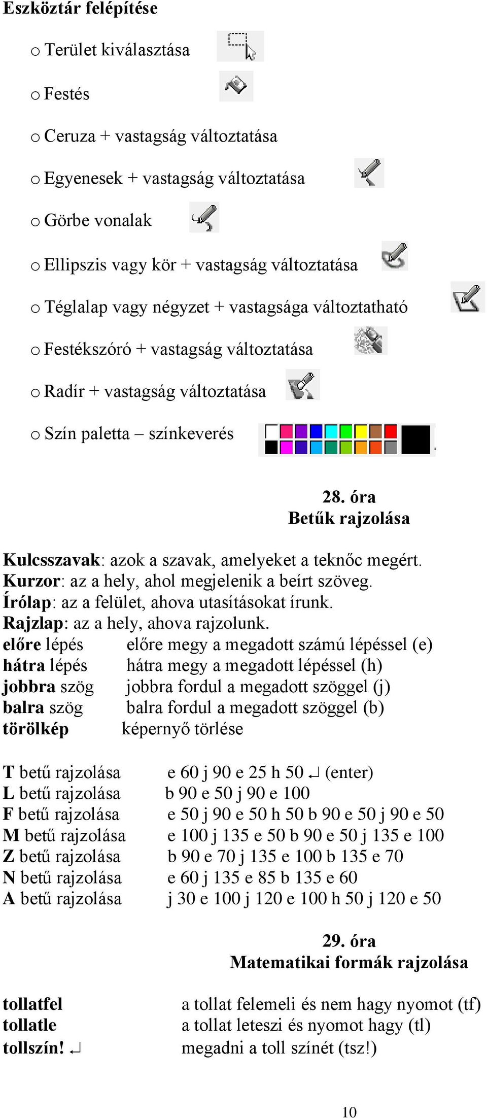 óra Betűk rajzolása Kulcsszavak: azok a szavak, amelyeket a teknőc megért. Kurzor: az a hely, ahol megjelenik a beírt szöveg. Írólap: az a felület, ahova utasításokat írunk.