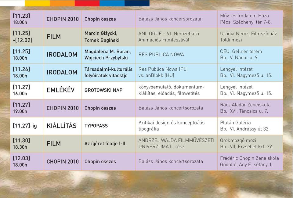 00h IRODALOM Társadalmi-kulturális folyóiratok vitaestje Res Publica Nowa (PL) vs. anblokk (HU) Lengyel Intézet Bp., VI. Nagymezõ u. 15. [11.27] 16.