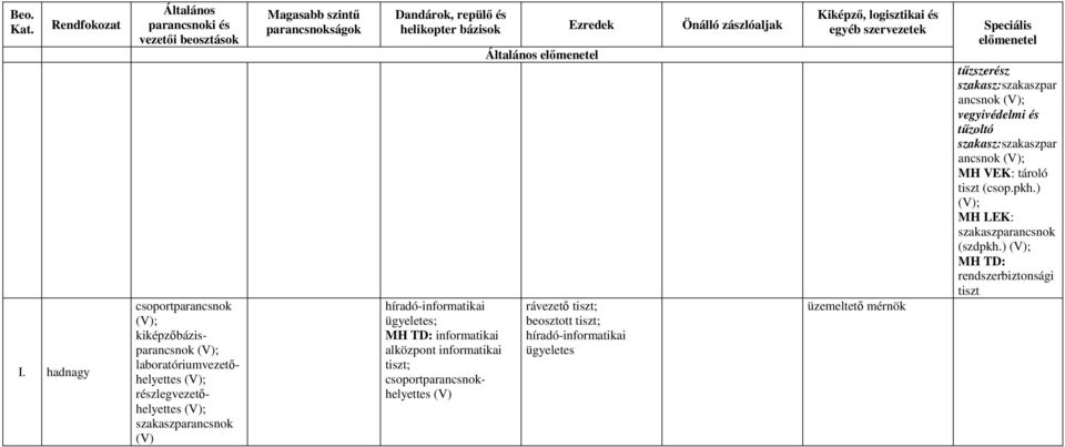 csoportparancsnokhelyettes (V) rávezető tiszt; beosztott tiszt; híradó-informatikai ügyeletes Kiképző, logisztikai és egyéb szervezetek üzemeltető mérnök Speciális előmenetel