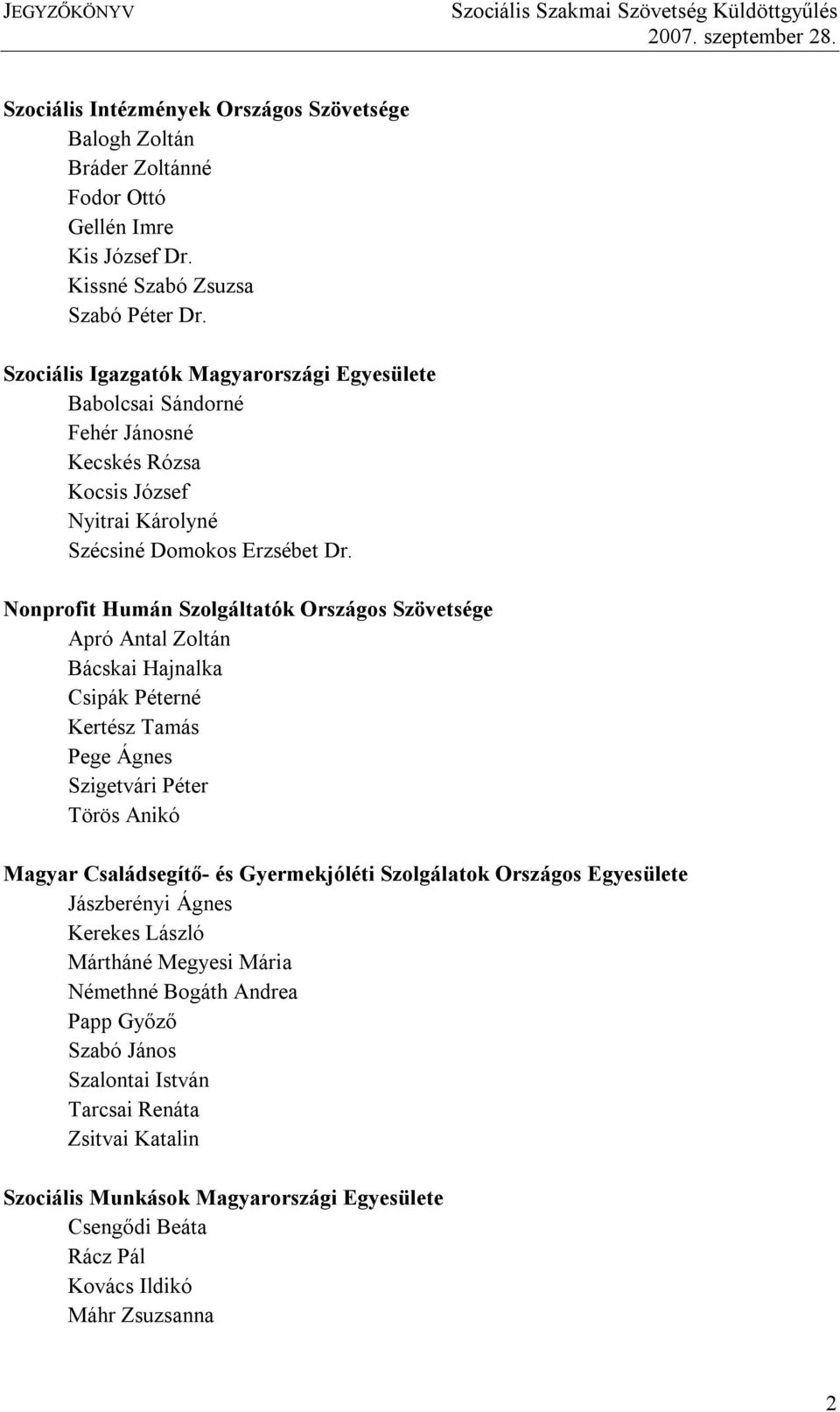 Nonprofit Humán Szolgáltatók Országos Szövetsége Apró Antal Zoltán Bácskai Hajnalka Csipák Péterné Kertész Tamás Pege Ágnes Szigetvári Péter Törös Anikó Magyar Családsegítő- és Gyermekjóléti