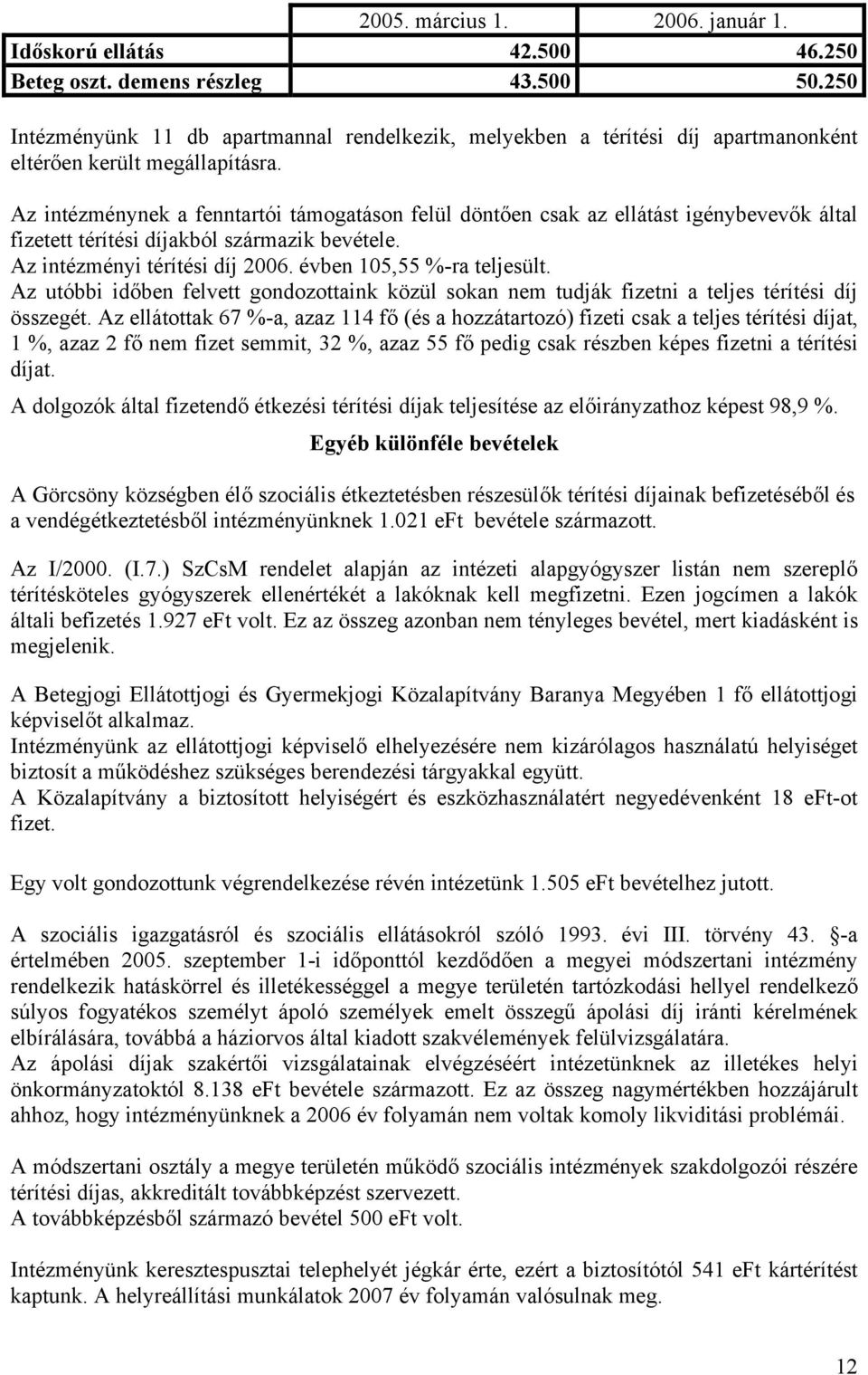 Az intézménynek a fenntartói támogatáson felül döntően csak az ellátást igénybevevők által fizetett térítési díjakból származik bevétele. Az intézményi térítési díj 2006. évben 105,55 %-ra teljesült.