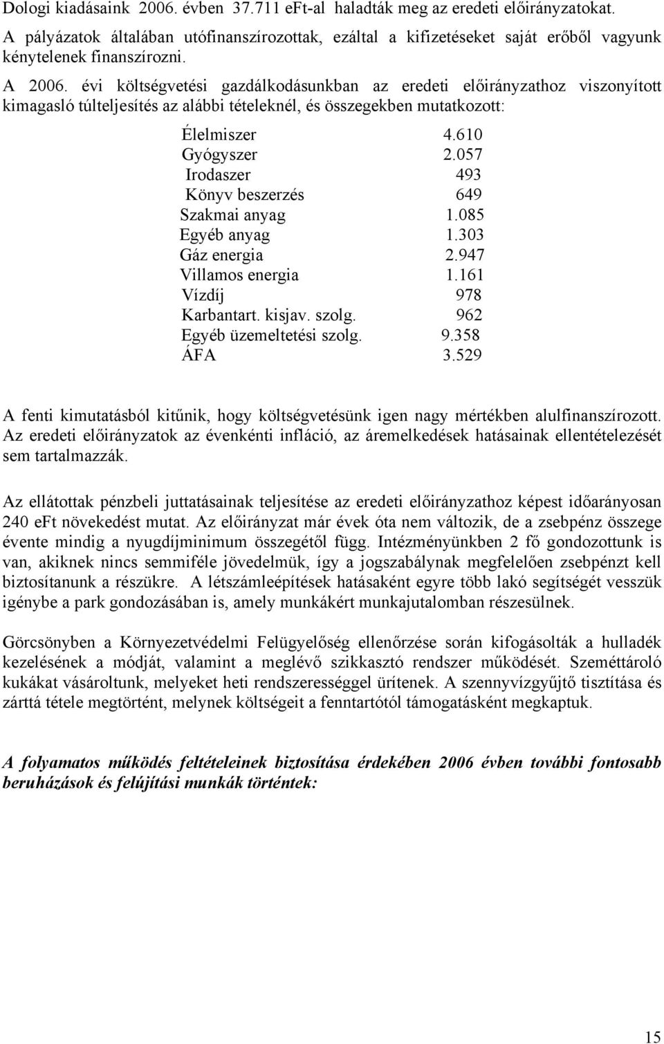 057 Irodaszer 493 Könyv beszerzés 649 Szakmai anyag 1.085 Egyéb anyag 1.303 Gáz energia 2.947 Villamos energia 1.161 Vízdíj 978 Karbantart. kisjav. szolg. 962 Egyéb üzemeltetési szolg. 9.358 ÁFA 3.