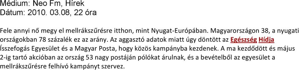 Az aggasztó adatok miatt úgy döntött az Egészség Hídja Ísszefogás Egyesület és a Magyar Posta, hogy közös kampányba