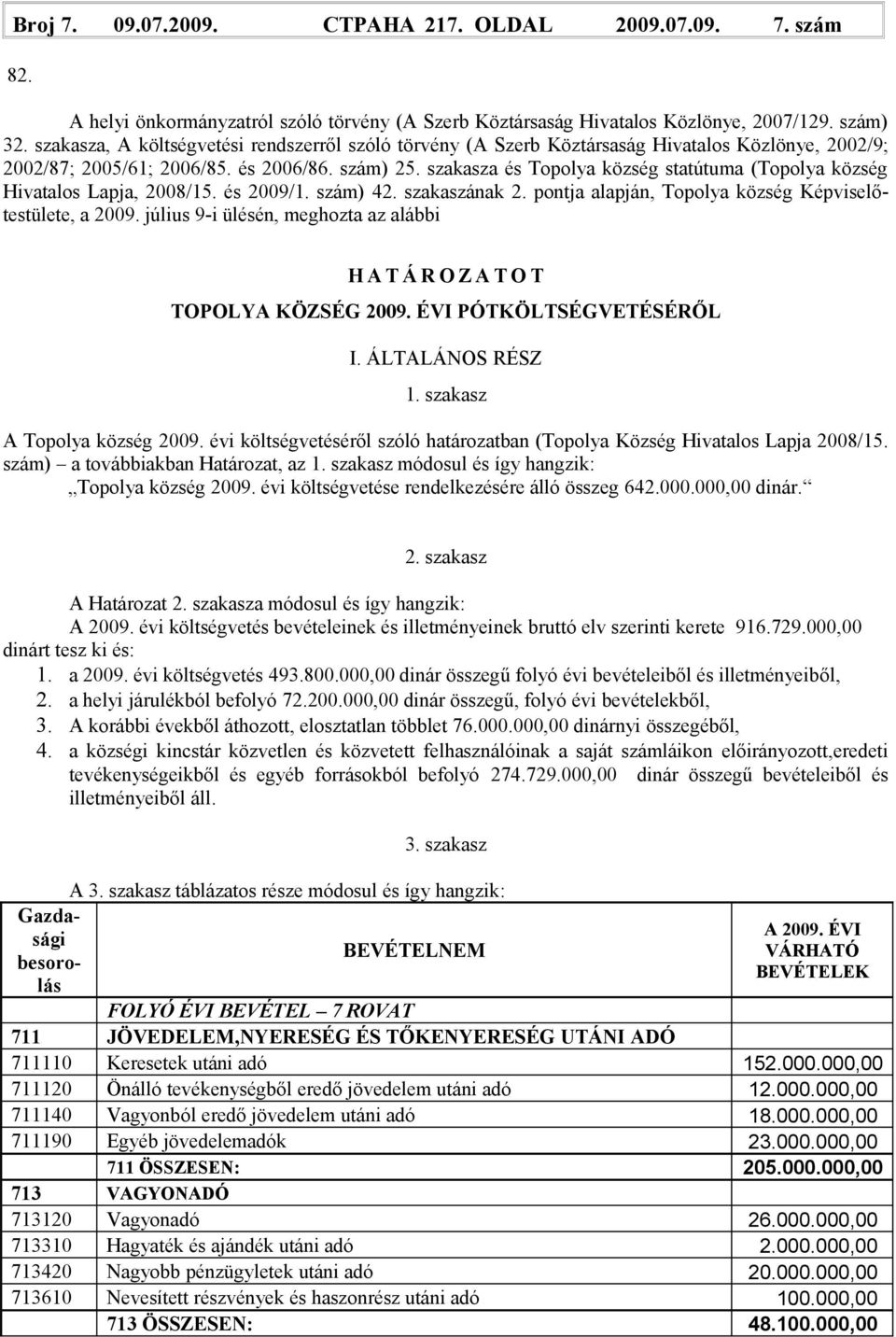 szakasza és Topolya község statútuma (Topolya község Hivatalos Lapja, 2008/15. és 2009/1. szám) 42. szakaszának 2. pontja alapján, Topolya község Képviselőtestülete, a 2009.