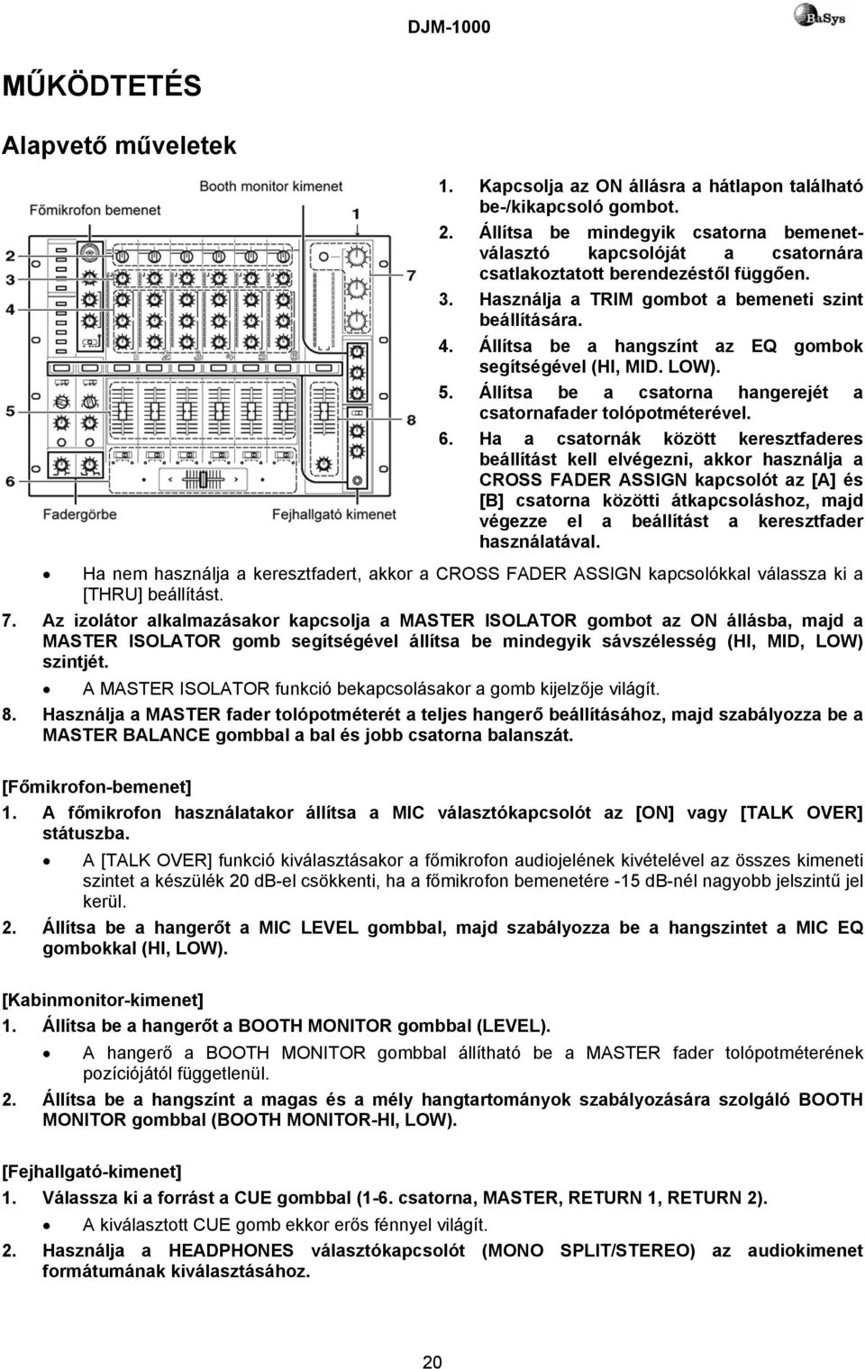 Állítsa be a hangszínt az EQ gombok segítségével (HI, MID. LOW). 5. Állítsa be a csatorna hangerejét a csatornafader tolópotméterével. 6.