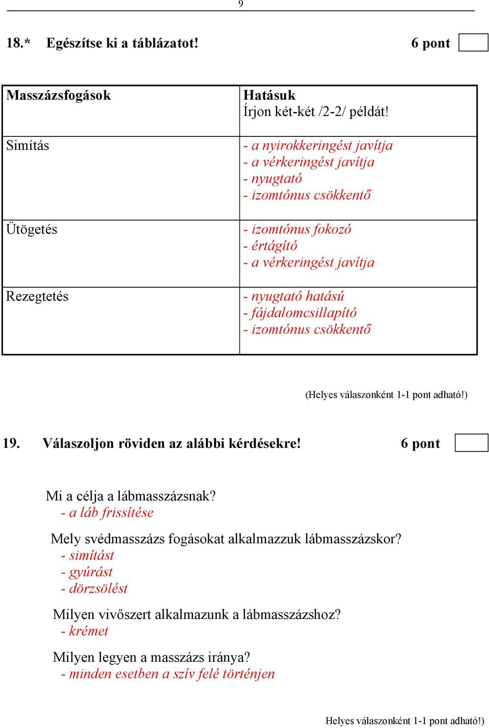 fájdalomcsillapító - izomtónus csökkentı 19. Válaszoljon röviden az alábbi kérdésekre! 6 pont Mi a célja a lábmasszázsnak?