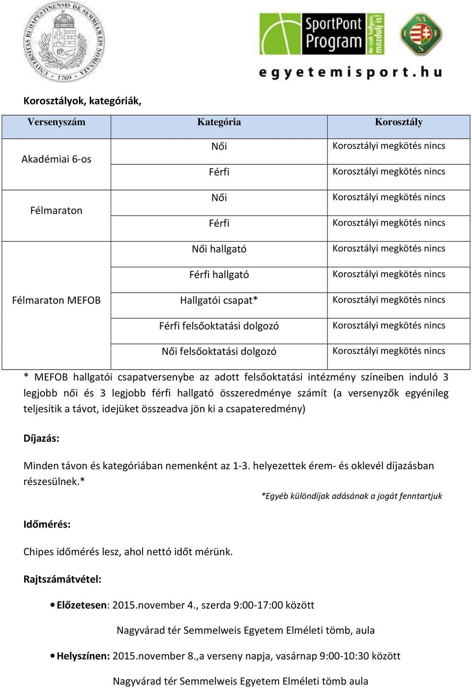 teljesítik a távot, idejüket összeadva jön ki a csapateredmény) Díjazás: Minden távon és kategóriában nemenként az 1-3. helyezettek érem- és oklevél díjazásban részesülnek.