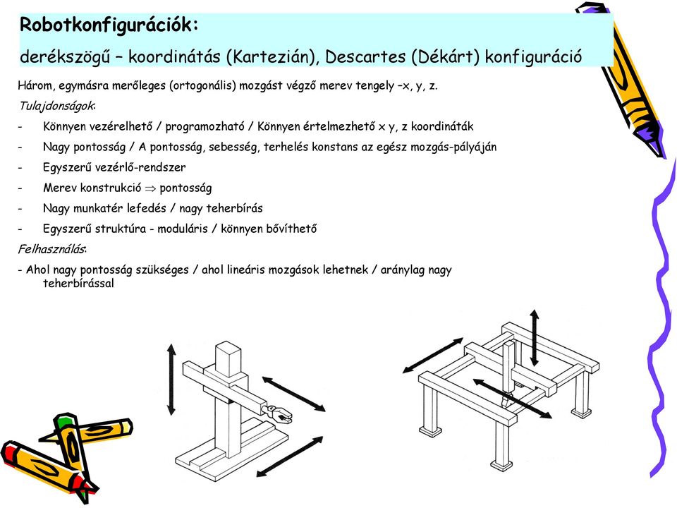 Tulajdonságok: - Könnyen vezérelhető / programozható / Könnyen értelmezhető x y, z koordináták - Nagy pontosság / A pontosság, sebesség, terhelés